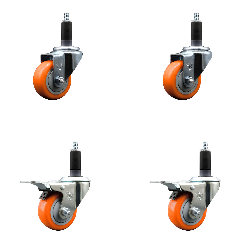 Polyurethane Swivel Expanding Stem Caster Set of 4 with 3 Inch Orange Wheels and 1-1/8" Stems - Includes 2 with Total Locking Brakes - 1200 lbs Total Capacity - Service Caster Brand — photo 1