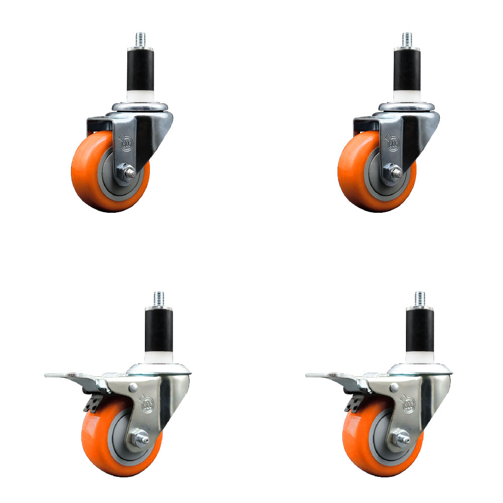 Stainless Steel Polyurethane Swivel Expanding Stem Caster Set of 4 with 3 Inch Orange Wheels and 1-3/8" Stems - Includes 2 with Total Locking Brakes - 1200 lbs Total Capacity - Service Caster Brand — photo 1