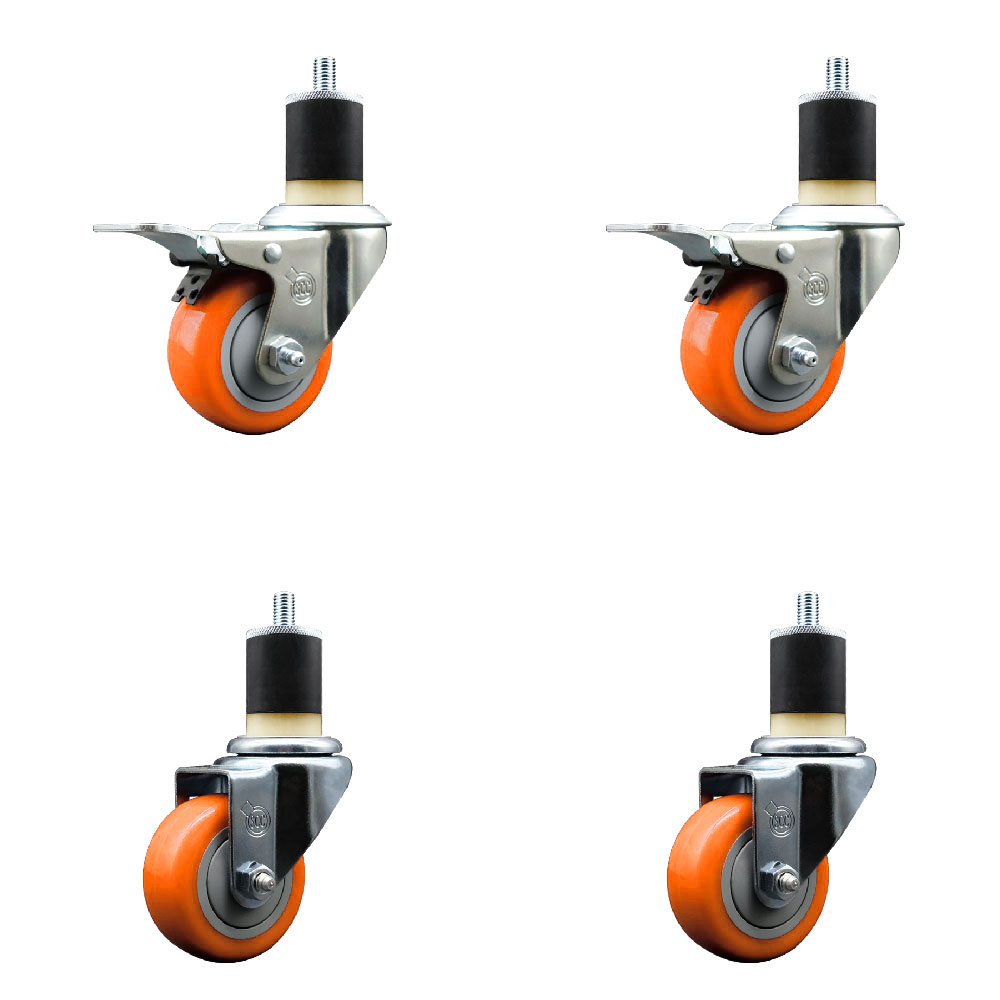 Polyurethane Swivel Expanding Stem Caster Set of 4 with 3 Inch Orange Wheels and 1-7/8" Stems - Includes 2 with Total Locking Brakes - 1200 lbs Total Capacity - Service Caster Brand — photo 1