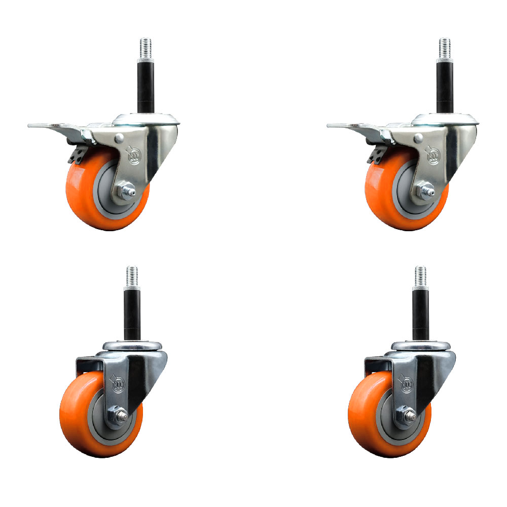 Polyurethane Swivel Expanding Stem Caster Set of 4 with 3 Inch Orange Wheels and 3/4" Stems - Includes 2 with Total Locking Brakes - 1200 lbs Total Capacity - Service Caster Brand — photo 1