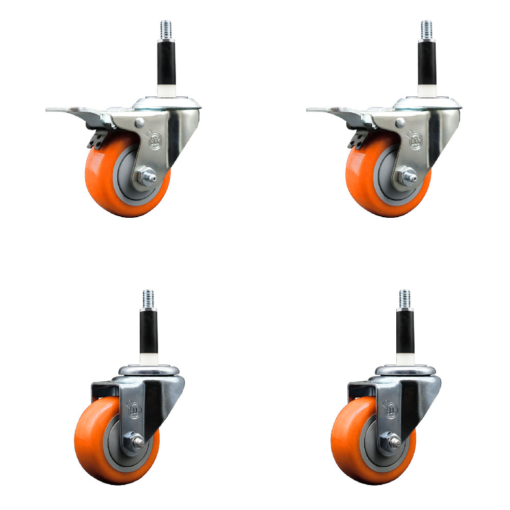 Stainless Steel Polyurethane Swivel Expanding Stem Caster Set of 4 with 3 Inch Orange Wheels and 7/8" Stems - Includes 2 with Total Locking Brakes - 1200 lbs Total Capacity - Service Caster Brand — photo 1