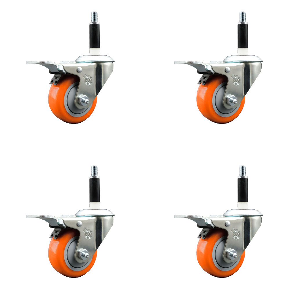 Stainless Steel Polyurethane Swivel Expanding Stem Caster Set of 4 with 3 Inch Orange Wheels and 7/8" Stems-Includes 4 Swivel with Total Locking Brakes-300lbs. Capacity Per Caster-Service Caster Brand — photo 1