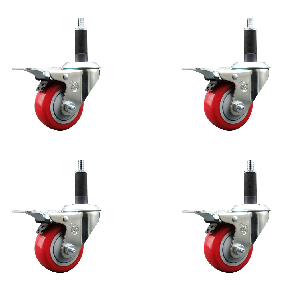 Stainless Steel Polyurethane Swivel Expanding Stem Caster Set of 4 with 3 Inch Red Wheels and 1" Stems - 4 Swivel with Total Locking Brakes - 300 lbs. Capacity Per Caster - Service Caster Brand — photo 1