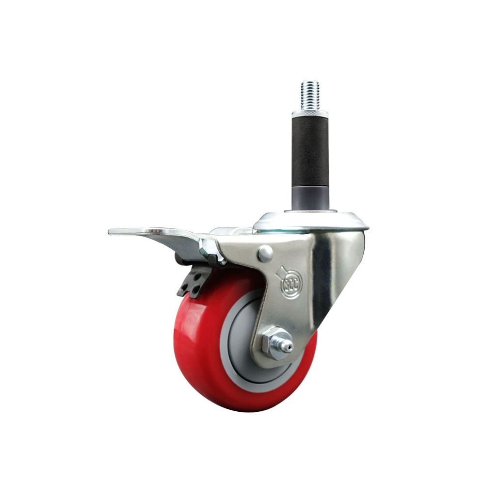 Stainless Steel Polyurethane Expanding Stem Swivel Caster with 3 Inch Red Wheel and 1" Stem & Total Locking Brake - 300 lbs. Capacity Per Caster - Service Caster Brand — photo 1