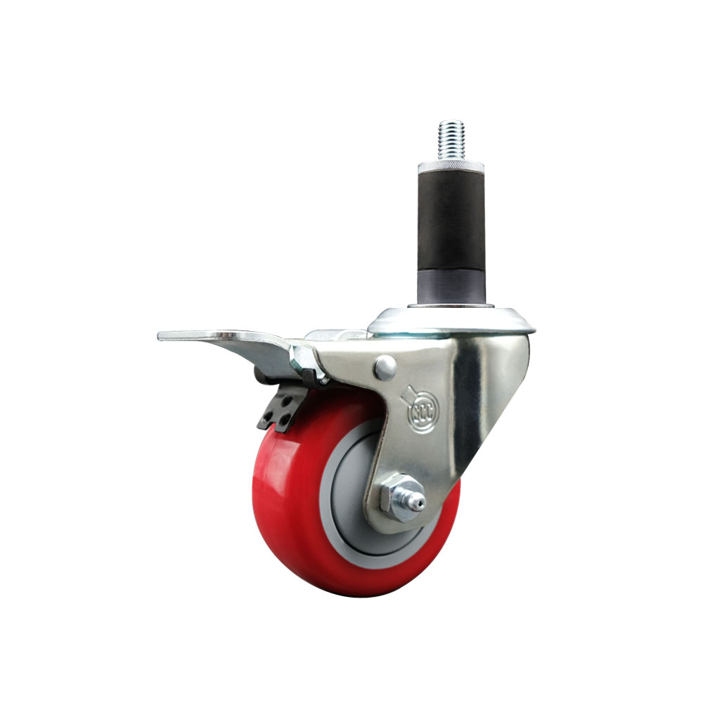 Stainless Steel Polyurethane Expanding Stem Swivel Caster with 3 Inch Red Wheel and 1-1/4" Stem & Total Locking Brake - 300 lbs. Capacity Per Caster - Service Caster Brand — photo 1