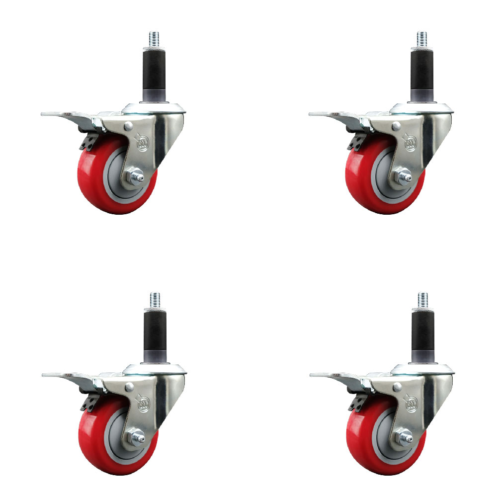 Stainless Steel Polyurethane Swivel Expanding Stem Caster Set of 4 with 3 Inch Red Wheels and 1-1/8" Stems - 4 Swivel with Total Locking Brakes - 300 lbs. Capacity Per Caster - Service Caster Brand — photo 1