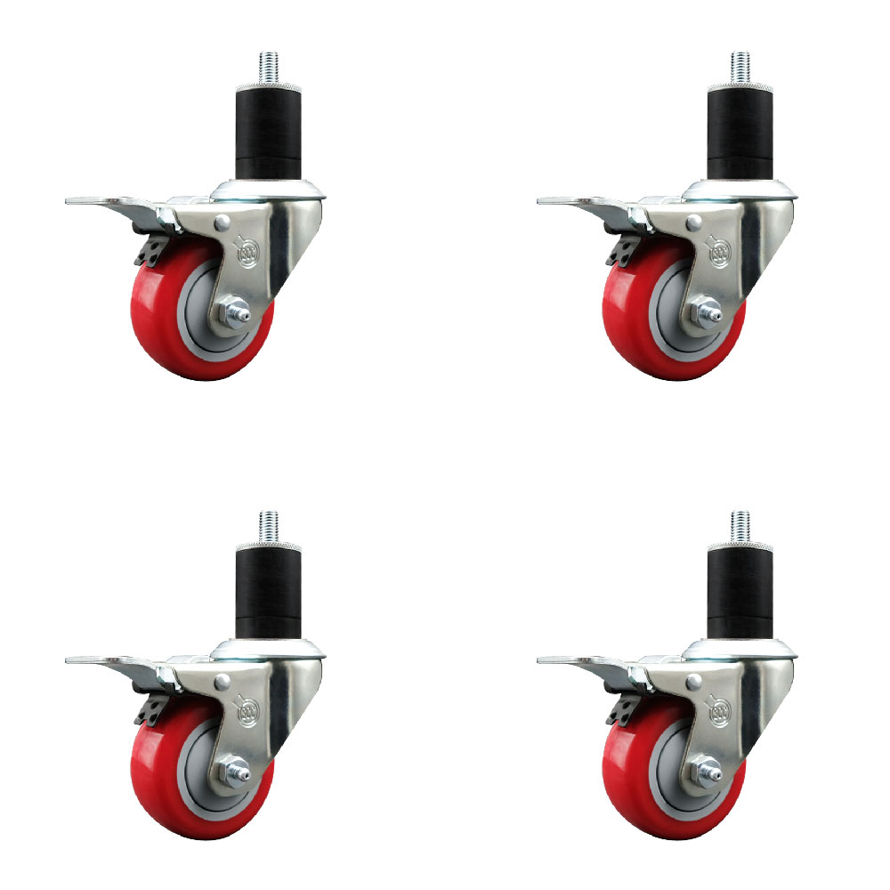 Stainless Steel Polyurethane Swivel Expanding Stem Caster Set of 4 with 3 Inch Red Wheels and 1-3/4" Stems - 4 Swivel with Total Locking Brakes - 300 lbs. Capacity Per Caster - Service Caster Brand — photo 1