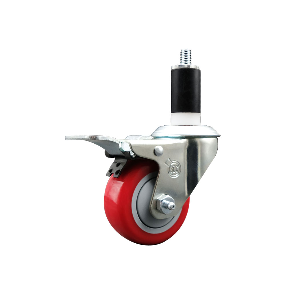 Polyurethane Expanding Stem Swivel Caster with 3 Inch Red Wheel and 1-3/8" Stem & Total Locking Brake - 300 lbs. Capacity Per Caster - Service Caster Brand — photo 1