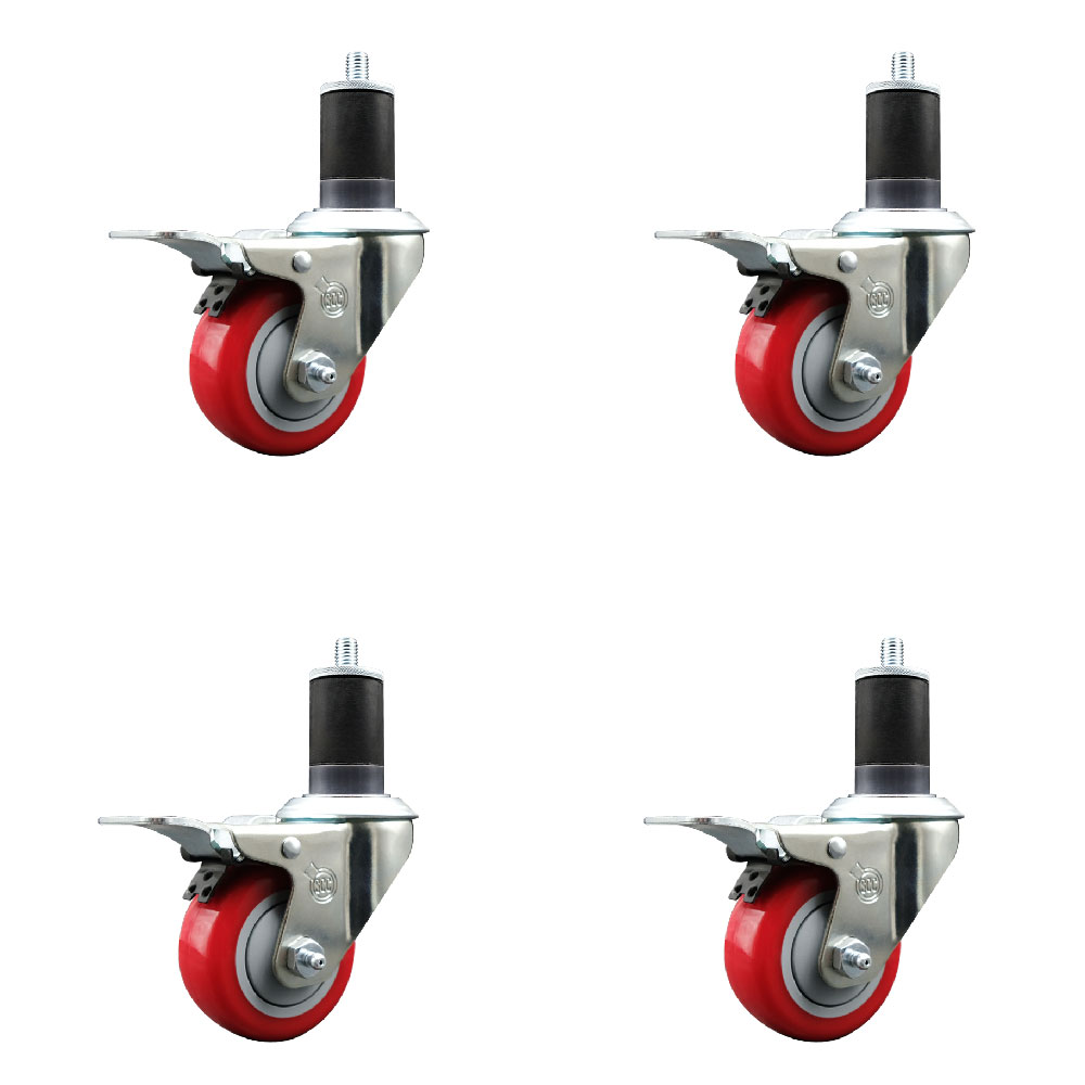 Polyurethane Swivel Expanding Stem Caster Set of 4 with 3 Inch Red Wheels and 1-5/8" Stems - Includes 4 Swivel with Total Locking Brakes - 300 lbs. Capacity Per Caster - Service Caster Brand — photo 1