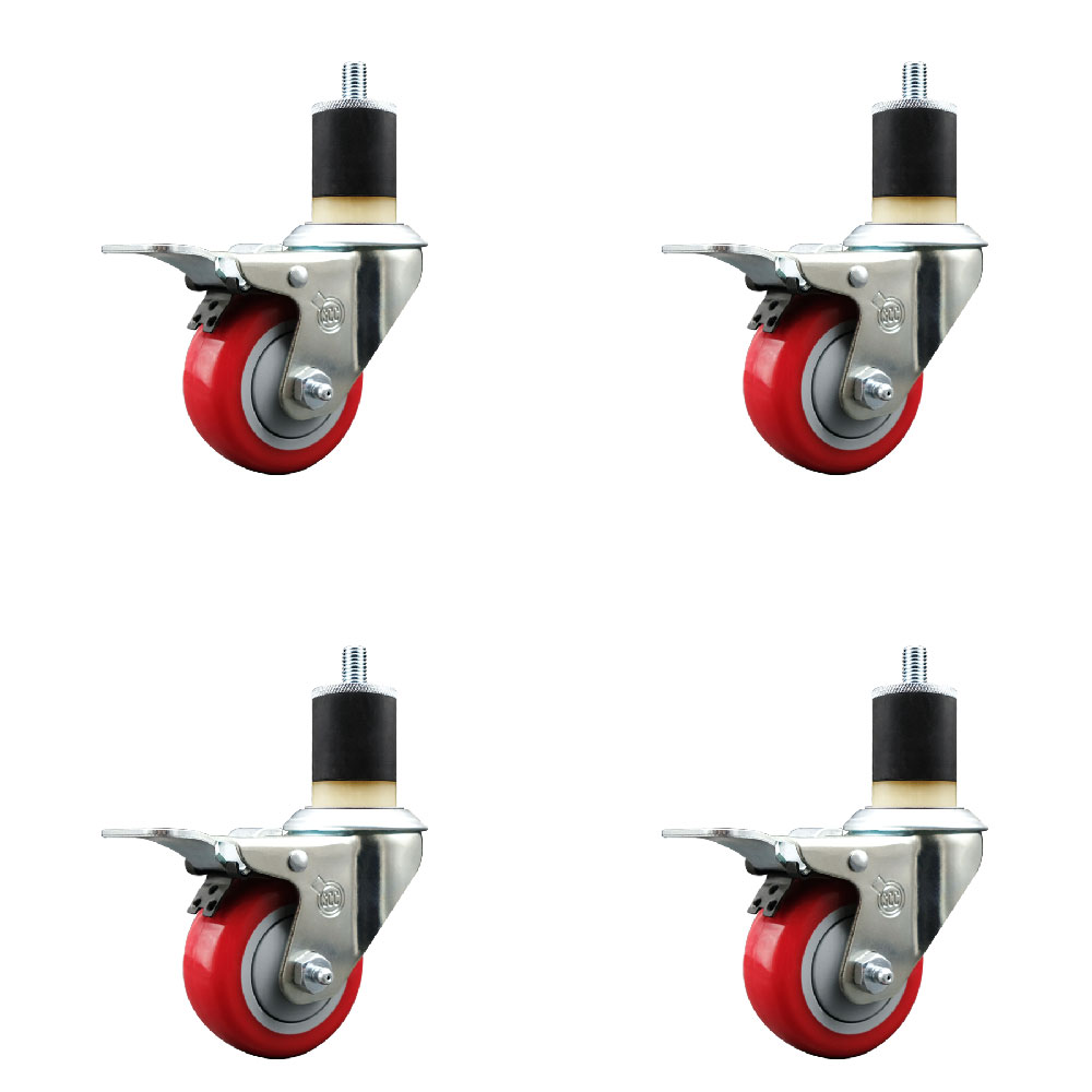 Polyurethane Swivel Expanding Stem Caster Set of 4 with 3 Inch Red Wheels and 1-7/8" Stems - Includes 4 Swivel with Total Locking Brakes - 300 lbs. Capacity Per Caster - Service Caster Brand — photo 1