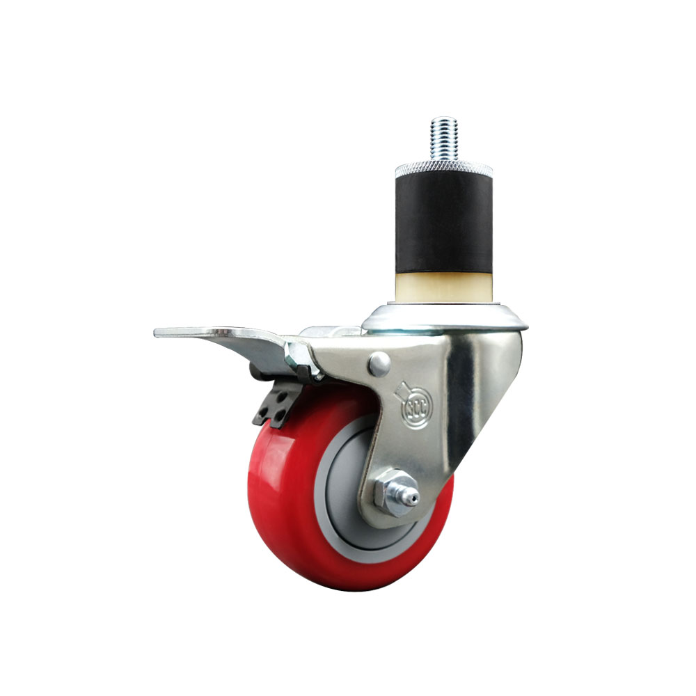 Stainless Steel Polyurethane Expanding Stem Swivel Caster with 3 Inch Red Wheel and 1-7/8" Stem & Total Locking Brake - 300 lbs. Capacity Per Caster - Service Caster Brand — photo 1