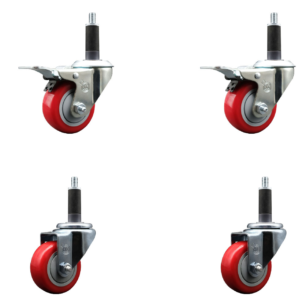 Polyurethane Swivel Expanding Stem Caster Set of 4 with 3 Inch Red Wheels and 1" Stems - Includes 2 with Total Locking Brakes - 1200 lbs Total Capacity - Service Caster Brand — photo 1