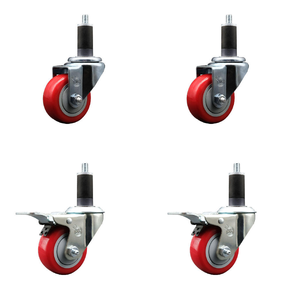 Polyurethane Swivel Expanding Stem Caster Set of 4 with 3 Inch Red Wheels and 1-1/4" Stems - Includes 2 with Total Locking Brakes - 1200 lbs Total Capacity - Service Caster Brand — photo 1