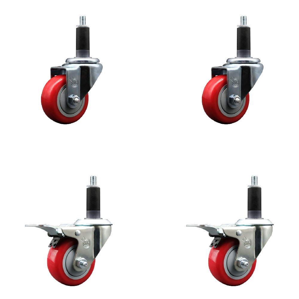Polyurethane Swivel Expanding Stem Caster Set of 4 with 3 Inch Red Wheels and 1-1/8" Stems - Includes 2 with Total Locking Brakes - 1200 lbs Total Capacity - Service Caster Brand — photo 1
