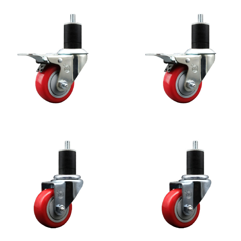 Polyurethane Swivel Expanding Stem Caster Set of 4 with 3 Inch Red Wheels and 1-3/4" Stems - Includes 2 with Total Locking Brakes - 1200 lbs Total Capacity - Service Caster Brand — photo 1