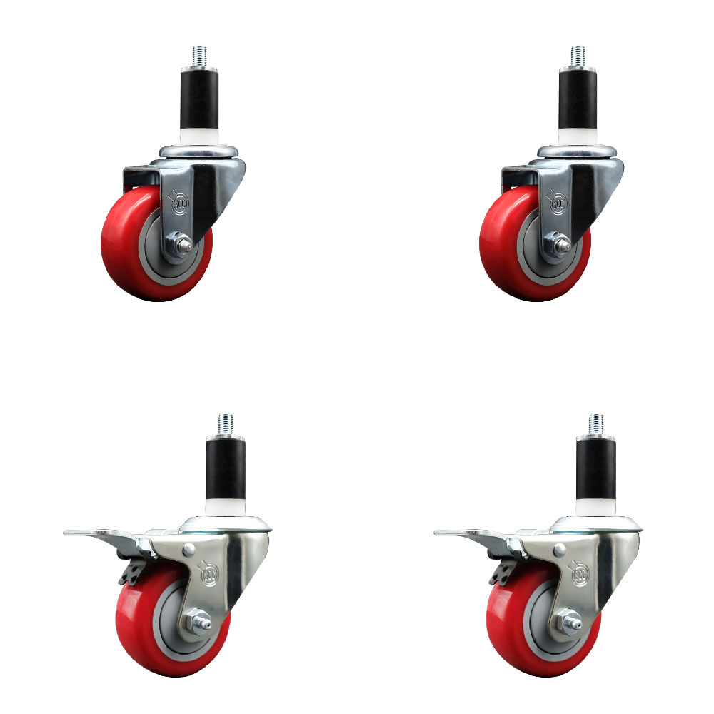 Stainless Steel Polyurethane Swivel Expanding Stem Caster Set of 4 with 3 Inch Red Wheels and 1-3/8" Stems - Includes 2 with Total Locking Brakes - 1200 lbs Total Capacity - Service Caster Brand — photo 1
