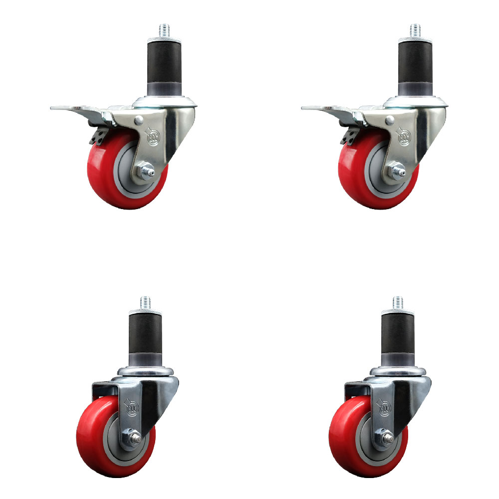Polyurethane Swivel Expanding Stem Caster Set of 4 with 3 Inch Red Wheels and 1-5/8" Stems - Includes 2 with Total Locking Brakes - 1200 lbs Total Capacity - Service Caster Brand — photo 1