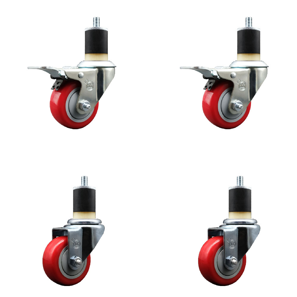 Polyurethane Swivel Expanding Stem Caster Set of 4 with 3 Inch Red Wheels and 1-7/8" Stems - Includes 2 with Total Locking Brakes - 1200 lbs Total Capacity - Service Caster Brand — photo 1