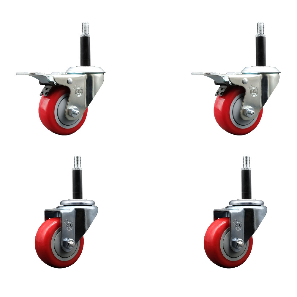 Stainless Steel Polyurethane Swivel Expanding Stem Caster Set of 4 with 3 Inch Red Wheels and 3/4" Stems - Includes 2 with Total Locking Brakes - 1200 lbs Total Capacity - Service Caster Brand — photo 1