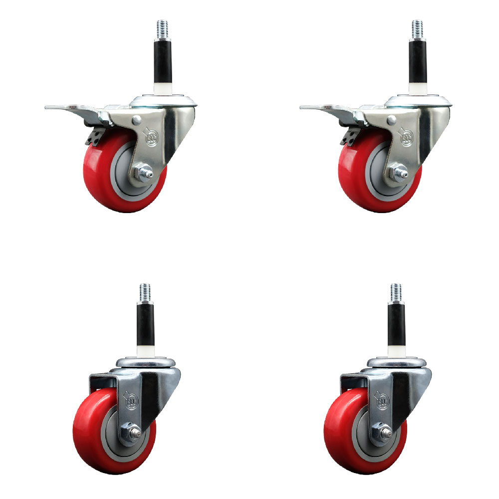 Polyurethane Swivel Expanding Stem Caster Set of 4 with 3 Inch Red Wheels and 7/8" Stems - Includes 2 with Total Locking Brakes - 1200 lbs Total Capacity - Service Caster Brand — photo 1