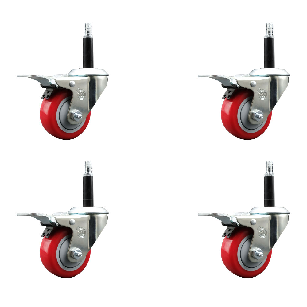 Stainless Steel Polyurethane Swivel Expanding Stem Caster Set of 4 with 3 Inch Red Wheels and 3/4" Stems - 4 Swivel with Total Locking Brakes - 300 lbs. Capacity Per Caster - Service Caster Brand — photo 1