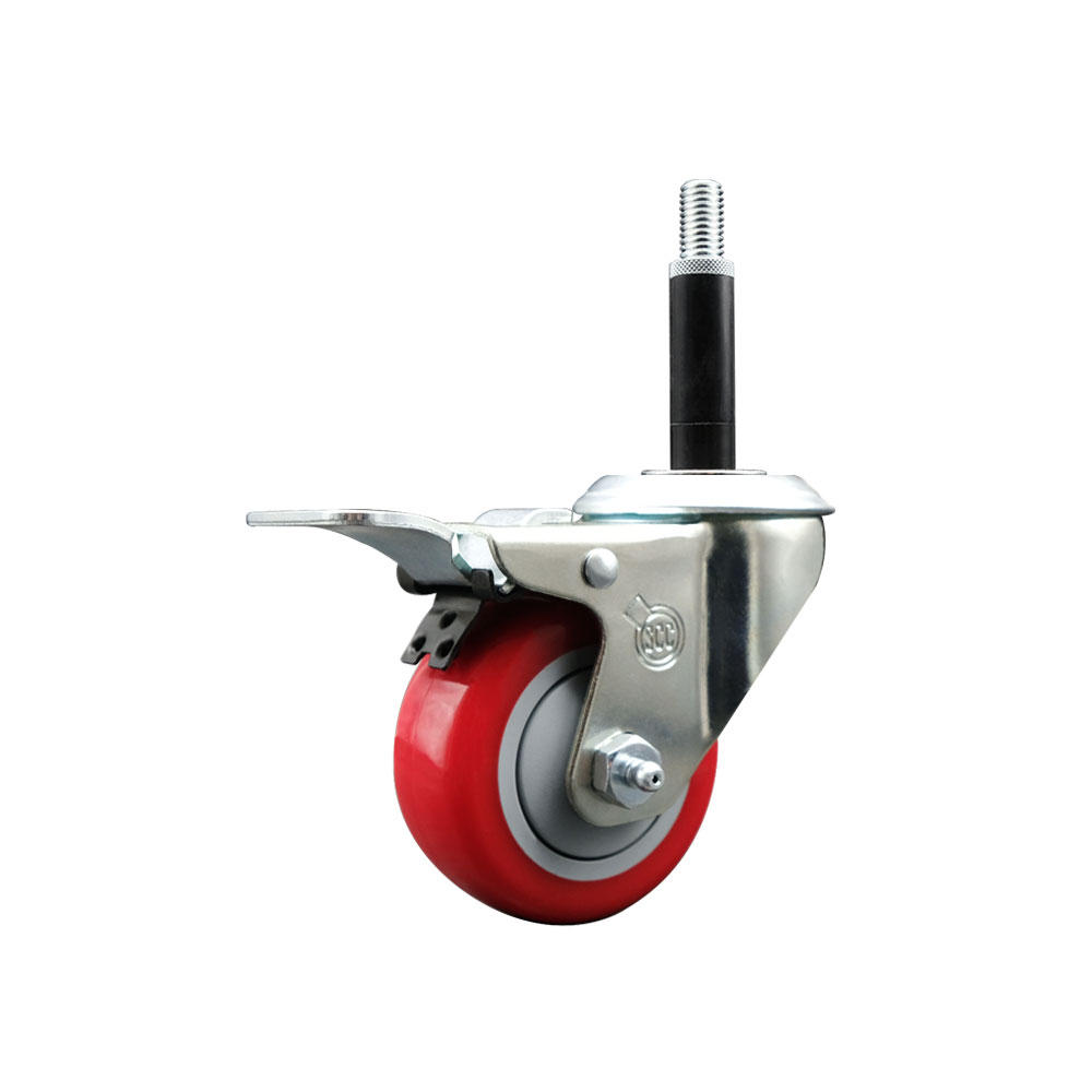 Stainless Steel Polyurethane Expanding Stem Swivel Caster with 3 Inch Red Wheel and 3/4" Stem & Total Locking Brake - 300 lbs. Capacity Per Caster - Service Caster Brand — photo 1