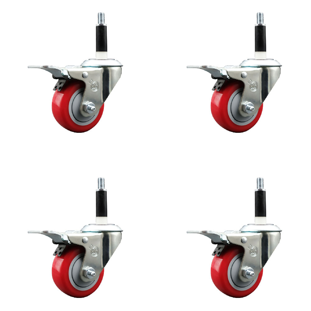 Stainless Steel Polyurethane Swivel Expanding Stem Caster Set of 4 with 3 Inch Red Wheels and 7/8" Stems - 4 Swivel with Total Locking Brakes - 300 lbs. Capacity Per Caster - Service Caster Brand — photo 1