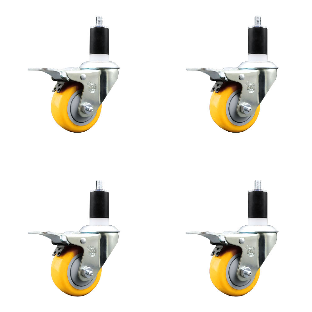 Polyurethane Swivel Expanding Stem Caster Set of 4 with 3 Inch Yellow Wheels and 1-1/2" Stems - Includes 4 Swivel with Total Locking Brakes - 300 lbs. Capacity Per Caster - Service Caster Brand — photo 1