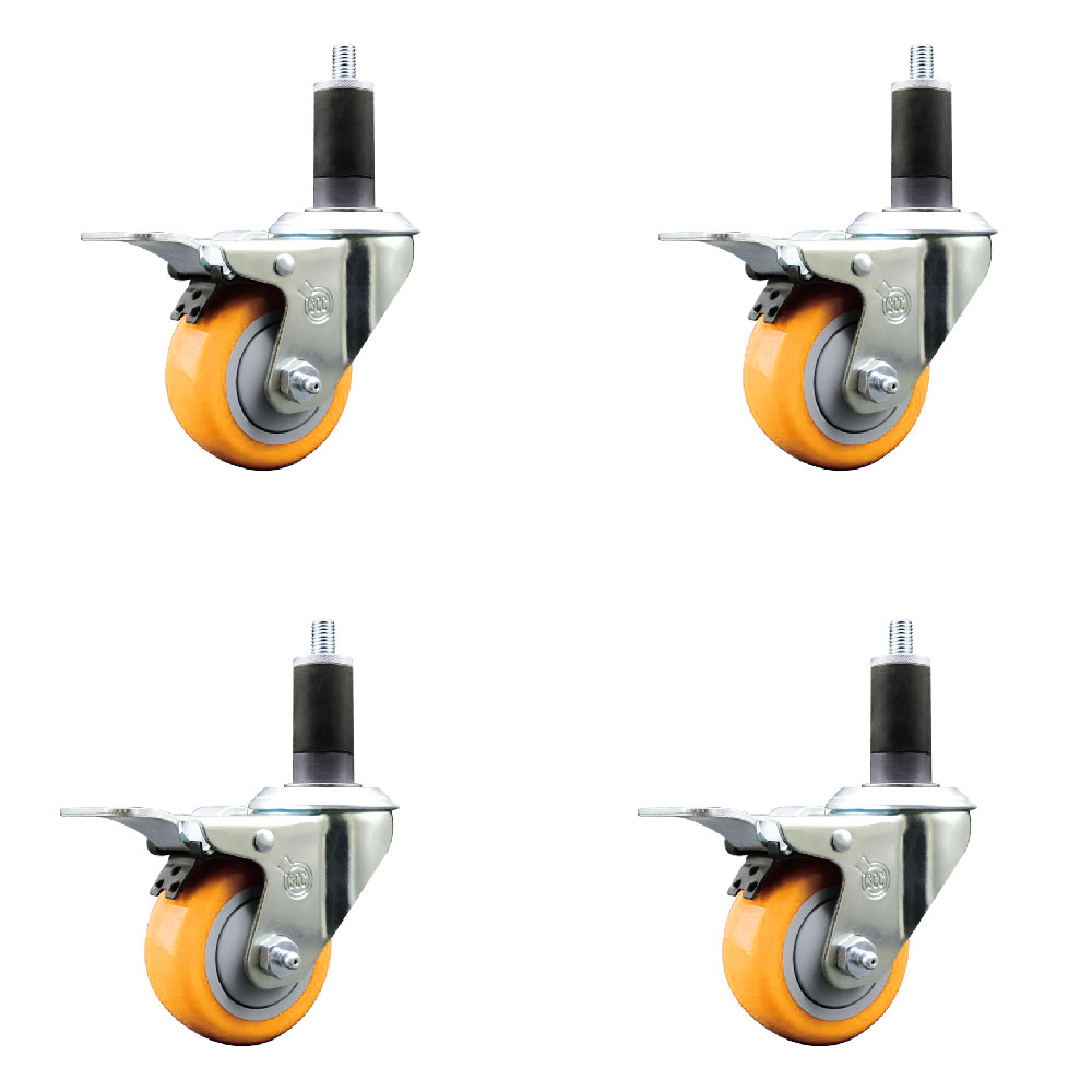 Polyurethane Swivel Stem Caster Set of 4 with 3 Inch Yellow Caster Wheels - 1-1/4" Expanding Stems - 316 Stainless Steel Casters - Includes 4 Swivel Casters with Total Lock Brakes-Service Caster Brand — photo 1