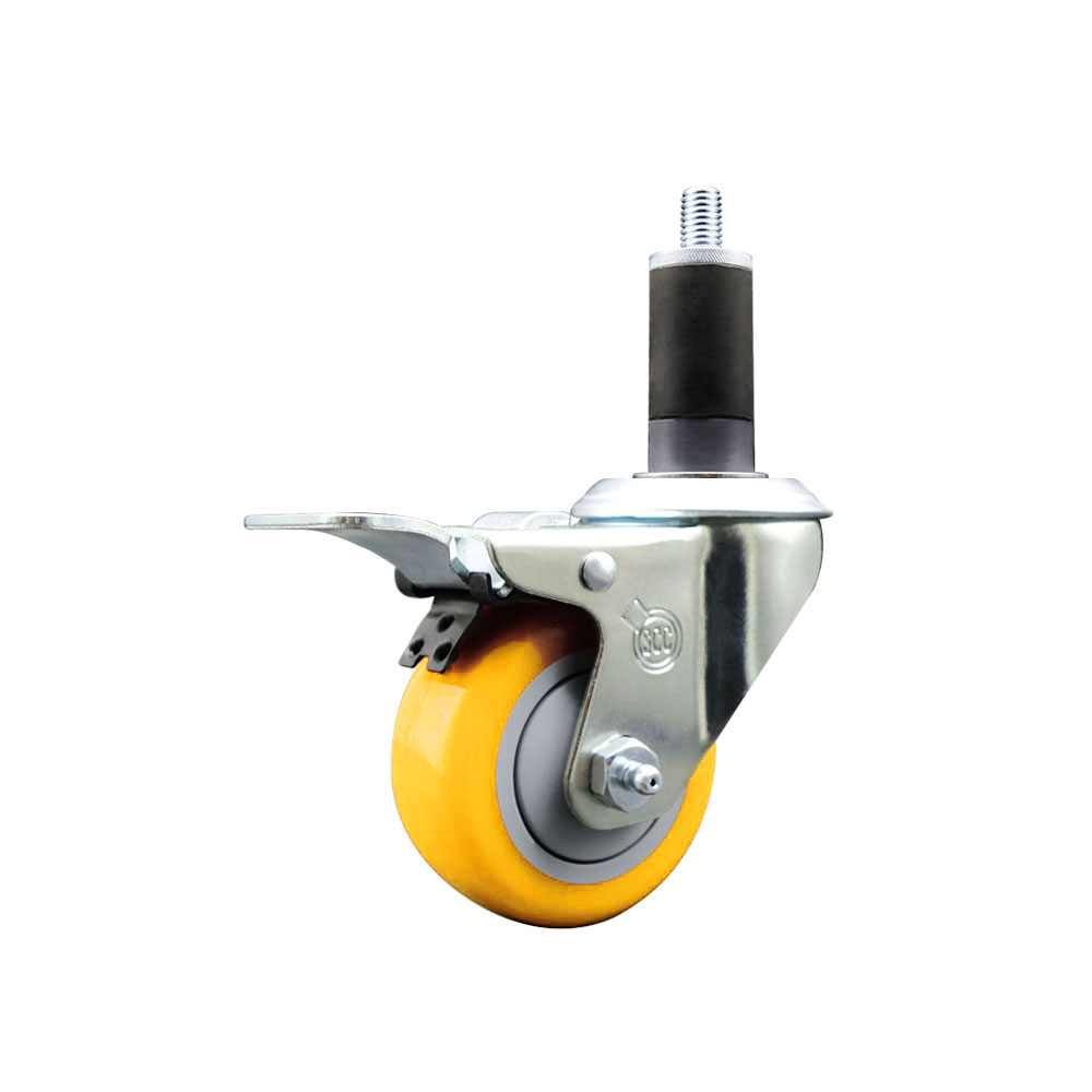 Polyurethane Expanding Stem Swivel Caster with 3 Inch Yellow Wheel and 1-1/4" Stem & Total Locking Brake - 300 lbs. Capacity Per Caster - Service Caster Brand — photo 1
