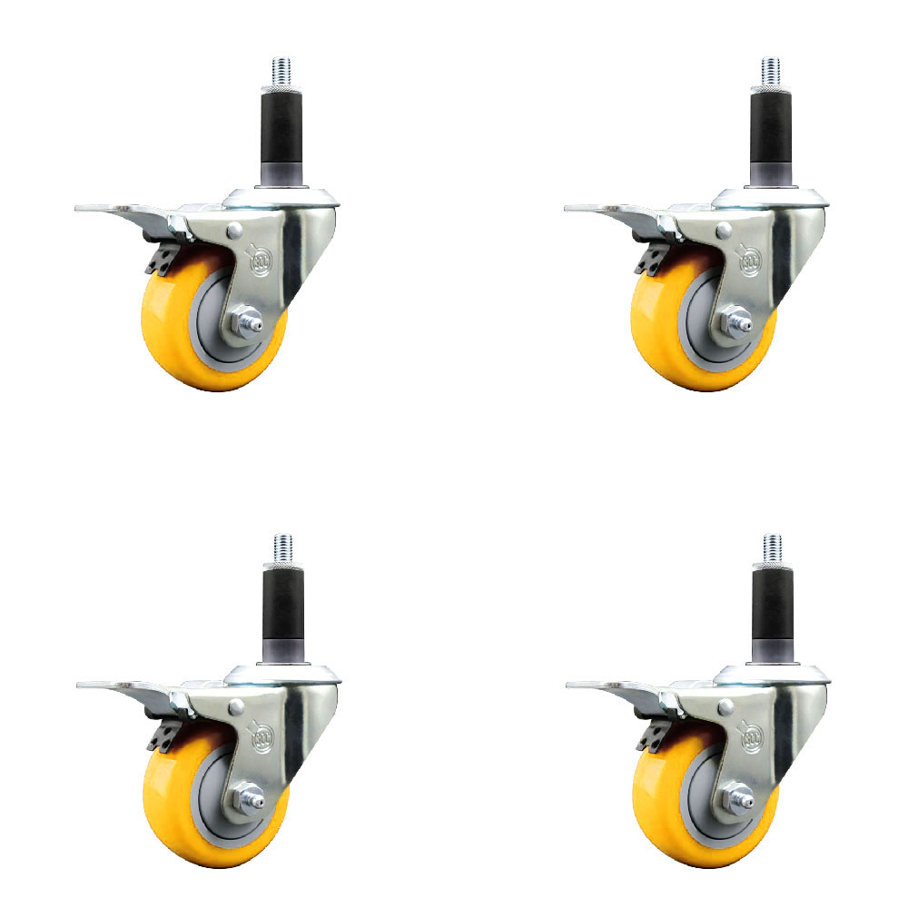 Polyurethane Swivel Expanding Stem Caster Set of 4 with 3 Inch Yellow Wheels and 1-1/8" Stems - Includes 4 Swivel with Total Locking Brakes - 300 lbs. Capacity Per Caster - Service Caster Brand — photo 1