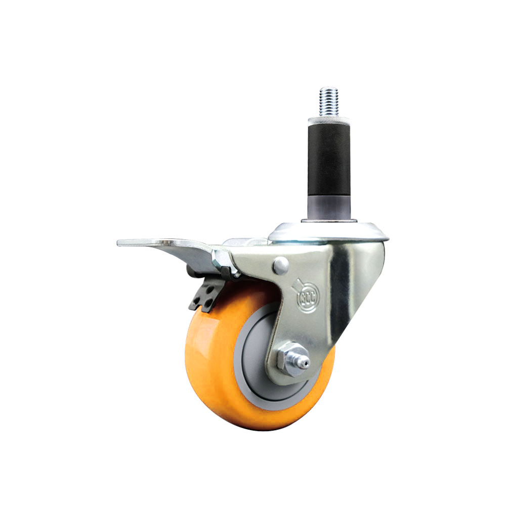Stainless Steel Polyurethane Expanding Stem Swivel Caster with 3 Inch Yellow Wheel and 1-1/8" Stem & Total Locking Brake - 300 lbs. Capacity Per Caster - Service Caster Brand — photo 1