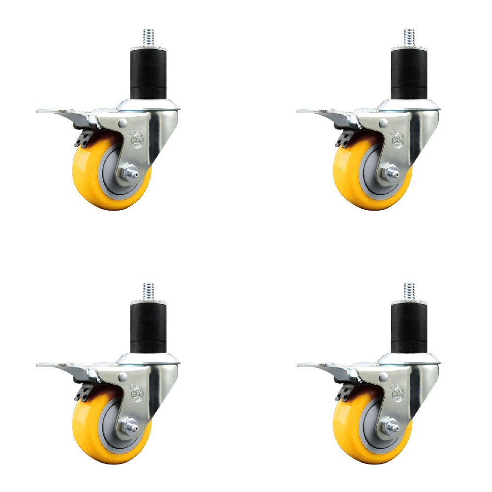 Polyurethane Swivel Expanding Stem Caster Set of 4 with 3 Inch Yellow Wheels and 1-3/4" Stems - Includes 4 Swivel with Total Locking Brakes - 300 lbs. Capacity Per Caster - Service Caster Brand — photo 1