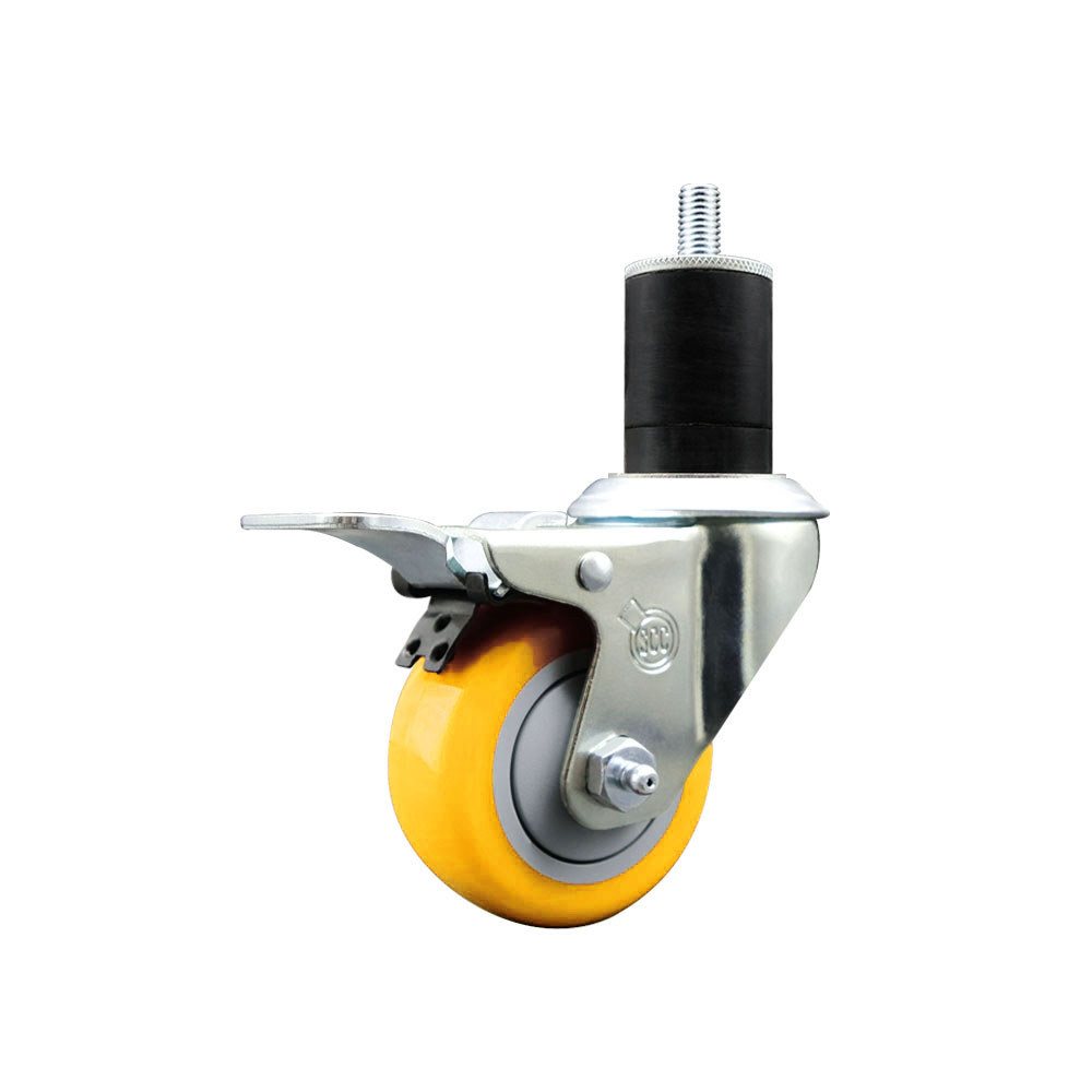 Polyurethane Expanding Stem Swivel Caster with 3 Inch Yellow Wheel and 1-3/4" Stem & Total Locking Brake - 300 lbs. Capacity Per Caster - Service Caster Brand — photo 1