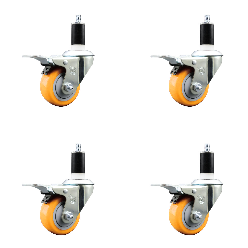 Polyurethane Swivel Stem Caster Set of 4 with 3 Inch Yellow Caster Wheels - 1-3/8" Expanding Stems - 316 Stainless Steel Casters - Includes 4 Swivel Casters with Total Lock Brakes-Service Caster Brand — photo 1