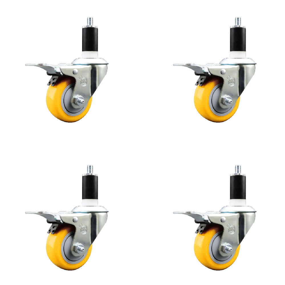 Polyurethane Swivel Expanding Stem Caster Set of 4 with 3 Inch Yellow Wheels and 1-3/8" Stems - Includes 4 Swivel with Total Locking Brakes - 300 lbs. Capacity Per Caster - Service Caster Brand — photo 1