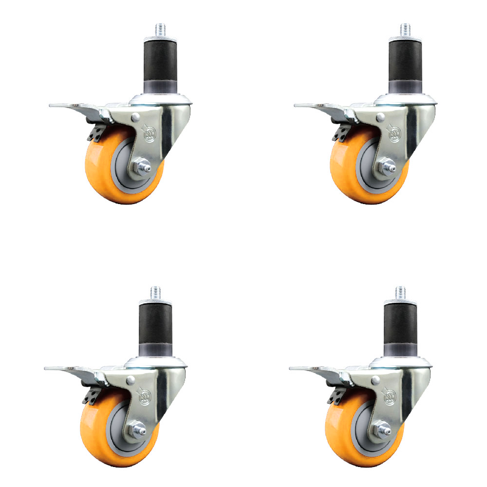 Polyurethane Swivel Stem Caster Set of 4 with 3 Inch Yellow Caster Wheels - 1-5/8" Expanding Stems - 316 Stainless Steel Casters - Includes 4 Swivel Casters with Total Lock Brakes-Service Caster Brand — photo 1