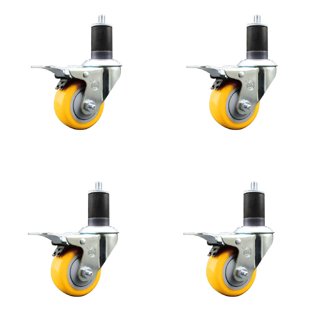 Polyurethane Swivel Expanding Stem Caster Set of 4 with 3 Inch Yellow Wheels and 1-5/8" Stems - Includes 4 Swivel with Total Locking Brakes - 300 lbs. Capacity Per Caster - Service Caster Brand — photo 1