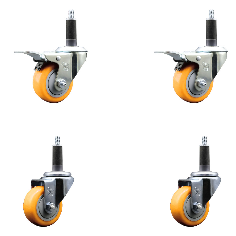 Polyurethane Swivel Stem Caster Set of 4 with 3 Inch Yellow Caster Wheels - 1" Expanding Stem-316 Stainless Steel Casters - Includes 2 Swivel with Total Lock Brakes and 2 Swivel - Service Caster Brand — photo 1
