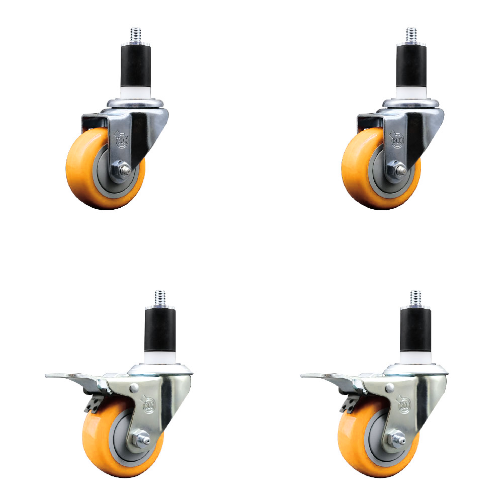 Polyurethane Swivel Stem Caster Set of 4 with 3 Inch Yellow Caster Wheels - 1-1/2" Expanding Stem-316 Stainless Steel Casters-Includes 2 Swivel with Total Lock Brakes and 2 Swivel-Service Caster Brand — photo 1