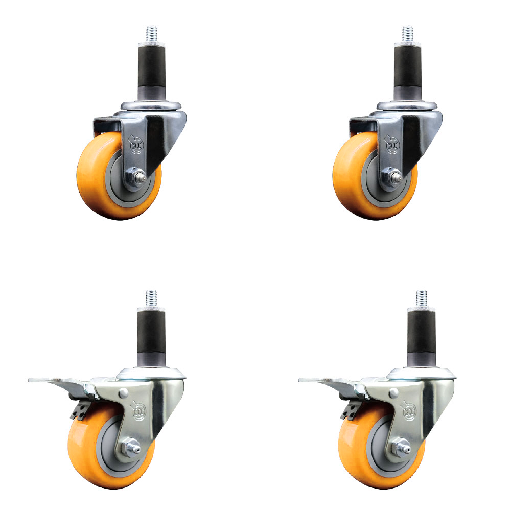 Stainless Steel Polyurethane Swivel Expanding Stem Caster Set of 4 with 3 Inch Yellow Wheels and 1-1/4" Stems - Includes 2 with Total Locking Brakes - 1200 lbs Total Capacity - Service Caster Brand — photo 1