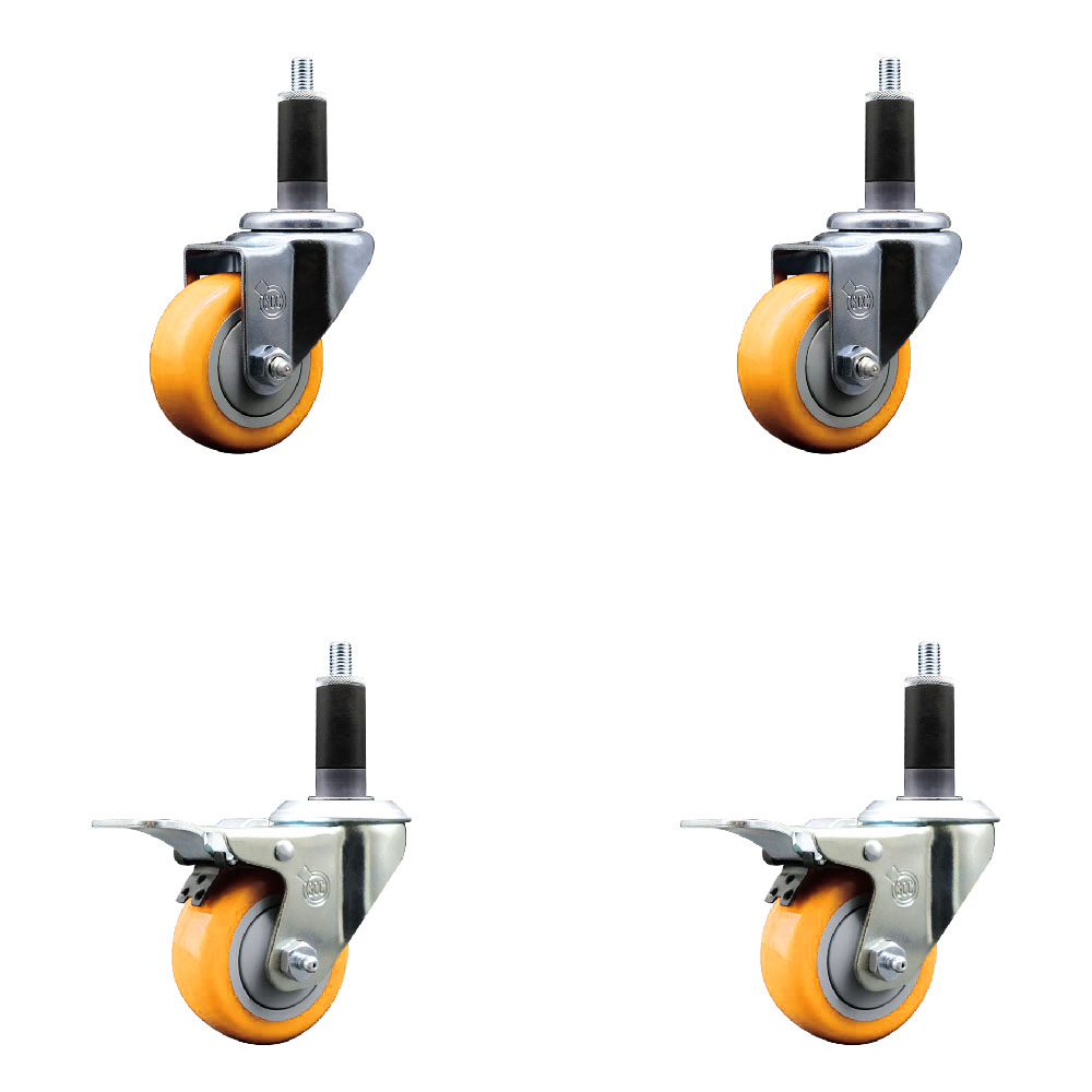 Polyurethane Swivel Expanding Stem Caster Set of 4 with 3 Inch Yellow Wheels and 1-1/8" Stems - Includes 2 with Total Locking Brakes - 1200 lbs Total Capacity - Service Caster Brand — photo 1
