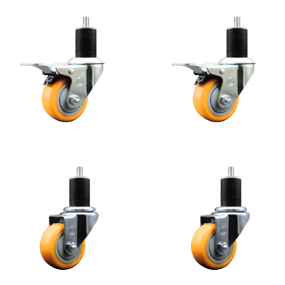 Polyurethane Swivel Expanding Stem Caster Set of 4 with 3 Inch Yellow Wheels and 1-3/4" Stems - Includes 2 with Total Locking Brakes - 1200 lbs Total Capacity - Service Caster Brand — photo 1
