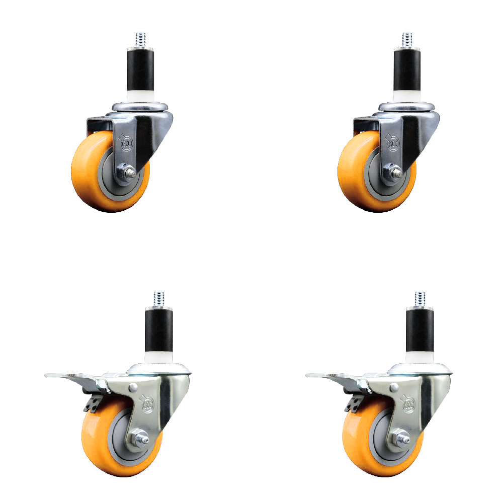 Polyurethane Swivel Expanding Stem Caster Set of 4 with 3 Inch Yellow Wheels and 1-3/8" Stems - Includes 2 with Total Locking Brakes - 1200 lbs Total Capacity - Service Caster Brand — photo 1