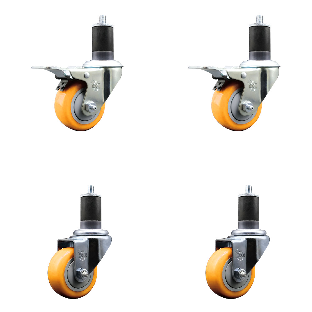 Polyurethane Swivel Expanding Stem Caster Set of 4 with 3 Inch Yellow Wheels and 1-5/8" Stems - Includes 2 with Total Locking Brakes - 1200 lbs Total Capacity - Service Caster Brand — photo 1