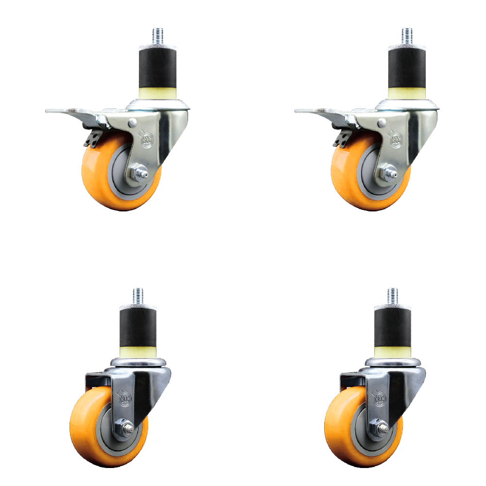 Polyurethane Swivel Stem Caster Set of 4 with 3 Inch Yellow Caster Wheels - 1-7/8" Expanding Stem-316 Stainless Steel Casters-Includes 2 Swivel with Total Lock Brakes and 2 Swivel-Service Caster Brand — photo 1