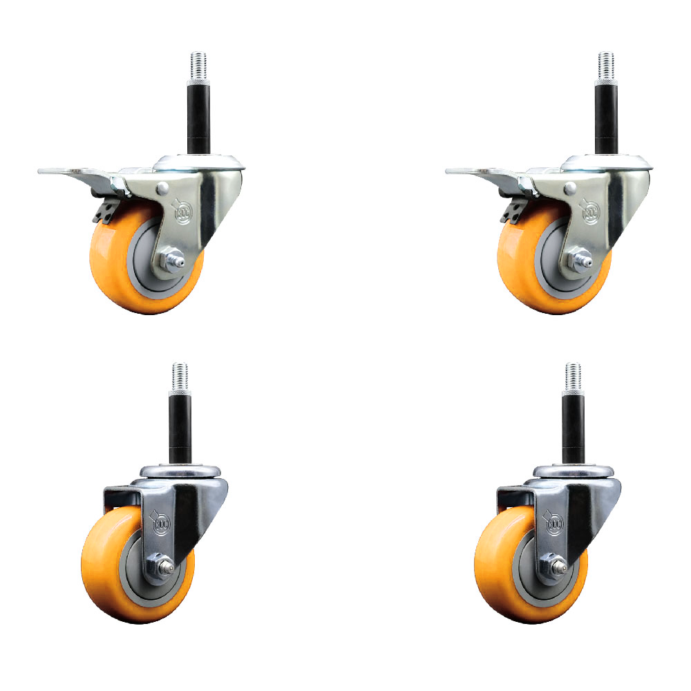 Polyurethane Swivel Stem Caster Set of 4 with 3 Inch Yellow Caster Wheels - 3/4" Expanding Stem-316 Stainless Steel Casters - Includes 2 Swivel with Total Lock Brakes and 2 Swivel-Service Caster Brand — photo 1