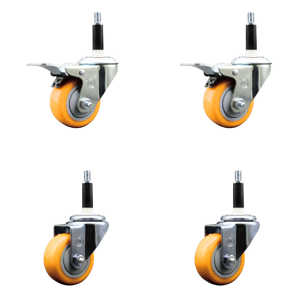 Polyurethane Swivel Expanding Stem Caster Set of 4 with 3 Inch Yellow Wheels and 7/8" Stems - Includes 2 with Total Locking Brakes - 1200 lbs Total Capacity - Service Caster Brand — photo 1