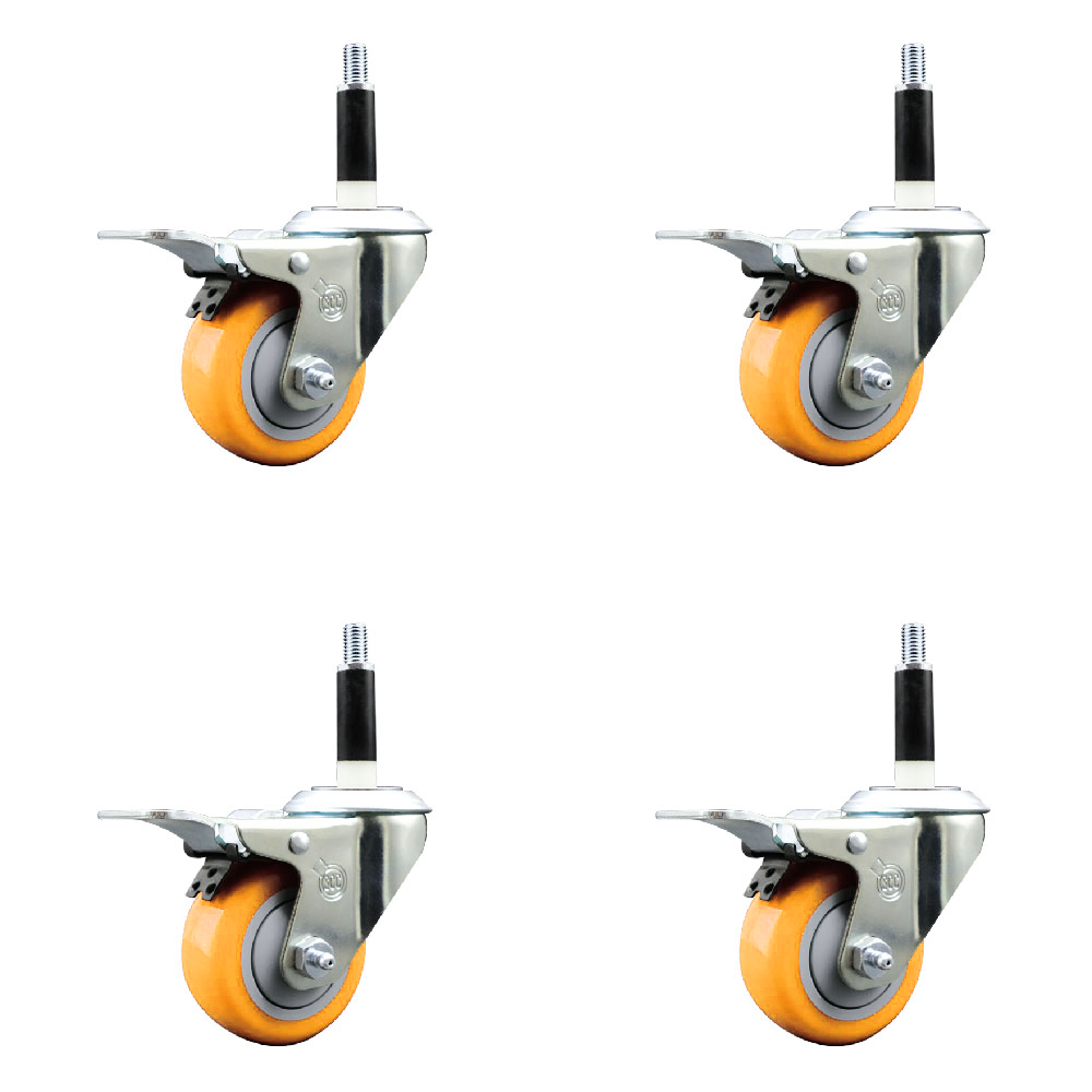 Polyurethane Swivel Stem Caster Set of 4 with 3 Inch Yellow Caster Wheels - 7/8" Expanding Stems - 316 Stainless Steel Casters - Includes 4 Swivel Casters with Total Lock Brakes - Service Caster Brand — photo 1