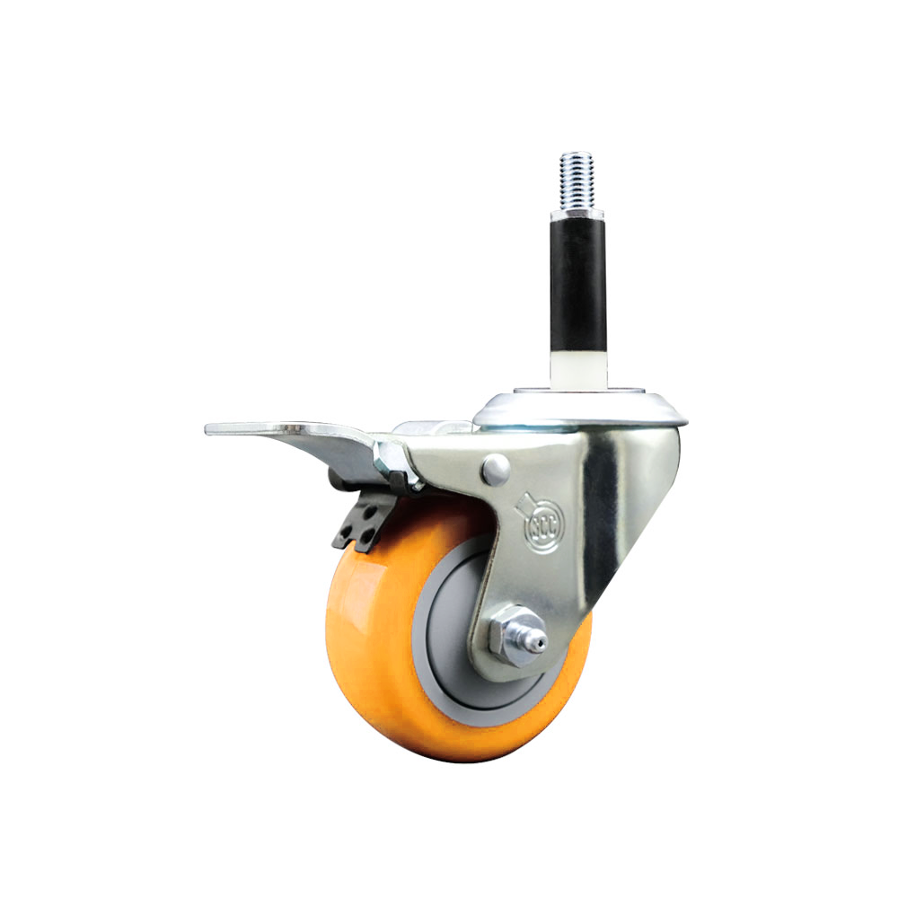 Polyurethane Swivel Stem Caster with 3 Inch Yellow Caster Wheel and Total Lock Brake - 7/8" Expanding Stem - 316 Stainless Steel Caster - 300 lbs. Capacity Per Caster - Service Caster Brand — photo 1